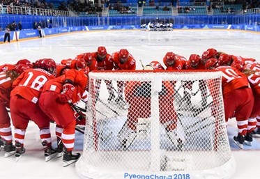 GANGNEUNG, SOUTH KOREA - FEBRUARY 21: Team Olympic Athletes from Russia huddles before taking on Team Finland during bronze medal round action at the PyeongChang 2018 Olympic Winter Games. (Photo by Matt Zambonin/HHOF-IIHF Images)

